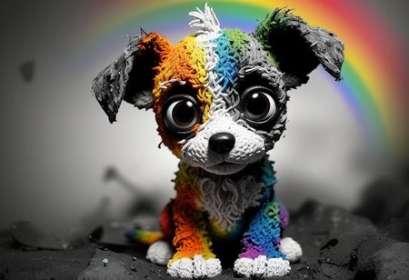 cute whimsical cute playful puppy big eyes 
(dark:1.12)(moody:1.29), (post-apocalyptic:1.26),(black and white photography:1.12) (monochrome spot color:1.07), (, (grayscale:1.35), (ominous shadows:1.15), (rainbow gradient:1.29) (outstanding vibrant colored object:1.18), punk-doodlez-style:1.2), (epic:1.11, (masterpiece:1.29), (RAW:1.02),subsurface tering,(high resolution photograph:1.28),high definition,  <lora:sdxl\zy_Realism_Enhancer_v1.safetensors:0.85:0.18> <lora:sdxl\add-detail-xl.safetensors:0.86:0.10  p20,s4