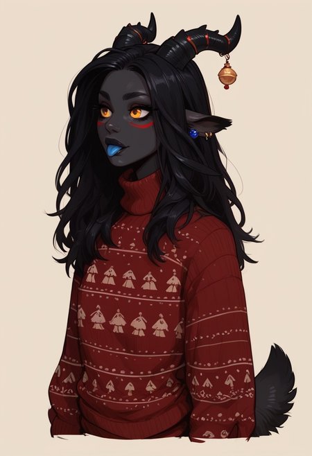 (score_9, score_8_up, score_7_up),
fluffy_new_year, merry_furistmas, 
 Christmas market, 1girl, puazi, monster girl, christmas_sweater, big yellow goat eyes, black skin, black face markings, red stomach, red face, black deer tail, black long hair, black dragon horns, blue in ear, petite, skinny, shiny skin, blue lips, long blue tongue, solo, simple background, InCasestyle,
