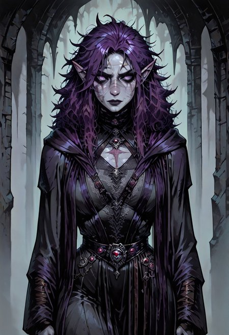 masterpiece, best quality, newest, absurdres, highres, 
TTCSV1.0., solo, solo focus,
ERIDV1.0, 1girl, goth, gothic, goth fashion, elf, coreset, messy hair, scar, scars, scar on face, fantasy, Purple hair, robe, cape, Purple eyes, grey skin, colored skin, grey colored skin,