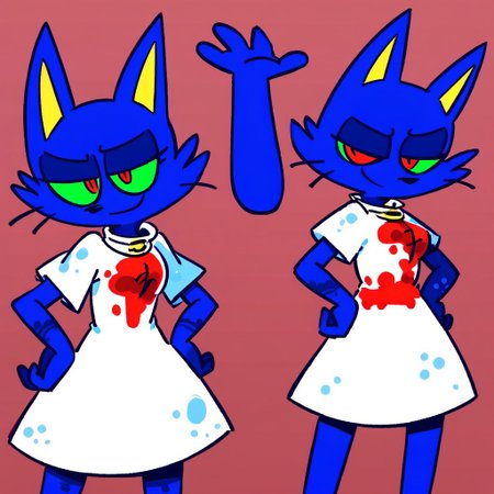 score_9, score_8_up, score_7_up, score_6_up, score_5_up, score_4_up, source_furry, rating_safe BREAK by minus8, cartoon, flat color, simple artstyle BREAK solo, female, anthro, cat, blue fur, green sclera, red eyes, yellow inner ears, clothed, multicolored dress, white dress, red dress, white collar, half closed eyes, closed mouth, smile, looking at viewer, standing, hands on hips, gradient background, red background, green background, (amateur work:1.4)