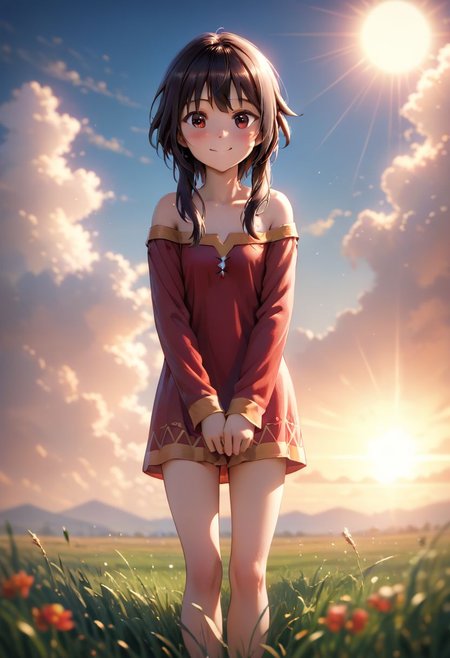 score_9, score_8_up, score_7_up, solo, depth of field, dramatic lighting,  detailed, high resolution, fantasy, adventure, grass, sun, blue sky, clouds, , smile, master piece, standing, good_hands
1 girl, cute face, adorable, Megumin