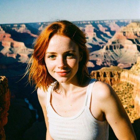 A full body portrait of a beautiful girl, (freckles), natural red hair,  standing at the Grand Canyon, green eyes, (white tank top) (youthful: 1.2), long hair, found photo, , ((year 
1995)), cute, half smile, polaroid film photography, soft focus, high quality, sharp image, (film grain: 1.4), analog style, shot with Kodak 400: 1.3)