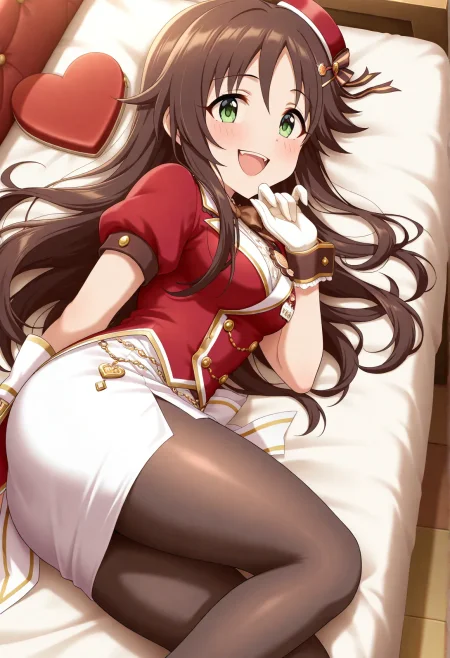 masterpiece, best quality, absurdres, highres, explicit, Newest, anime coloring,anime_screencap,from side,looking at viewer, upper teeth, 
himekawaidol, long hair,brown hair,green eyes, hairclip, hair ornament, pantyhose, skirt,white gloves, white skirt, pencil skirt, short sleeves, mini hat, red headwear, black pantyhose, bow,buttons, badge, shirt, wrist cuffs, side slit,,lying,seductive smile, (masterpiece:1.1), (best quality:1.1), (newest:1.1), official art, anime screenshot, (absurdres:1.1), (highres:1.1) <lora:himekawa_il:1>