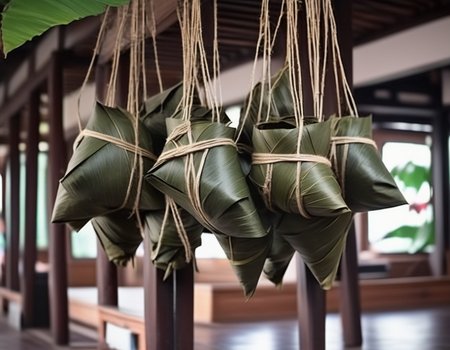 A Chinese-style mazon (zongzi), wrapped and hung, possibly with bamboo leaves or other traditional materials. The wrapping is neat and secure, and the hanging arrangement adds a touch of authenticity, often seen in traditional preparation or display. The setting could be a kitchen, market stall, or cultural festival, with related elements that enhance the cultural context. The scene should be as realistic as a high-resolution photograph, with natural and inviting lighting that highlights the details of the mazon and the texture of the wrapping.<lora:mazon:0.45> ,rope