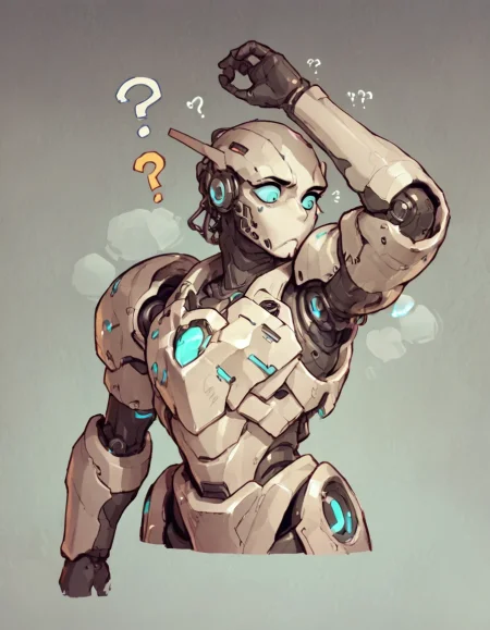 score_9, score_8_up, score_7_up, sniffing armpit <lora:DI_sniffing_armpit_pony:0.9>, source_anime,  robot, confused, ?, question mark, armor, science fiction,