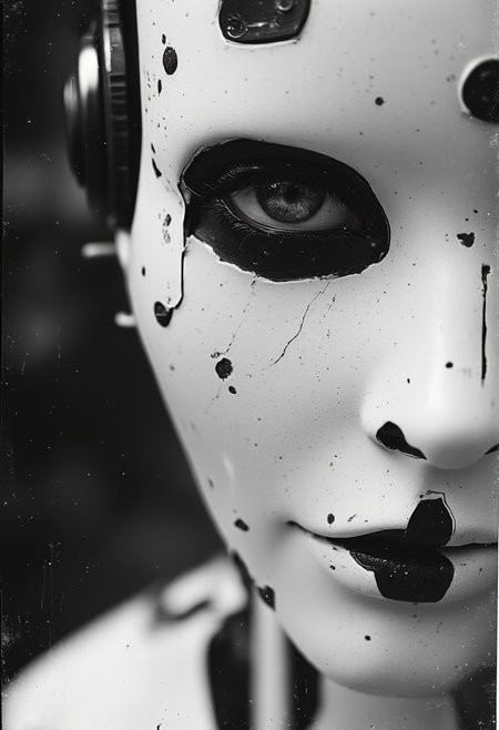 analogstyle, black and white face of a robotic female 