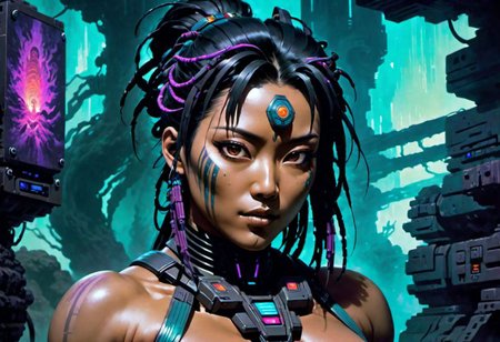 Hiro Protagonist , Sci-fi painting, masterpiece by frank frazetta, dark vaporwave color palette, background of tv static and Mayan ruins, artful painting of a gorgeous queer cyberpunk group, masculine, feminine, chubby, androgynous, small tits, Black and Asian facial features with a confident smirk, very short dreads sticking up, sleek black fitted t-shirt, black techwear jacket, black techwear pants, big transparent goggles, with a futuristic computer terminal made of smooth black glass hanging from a shoulder strap