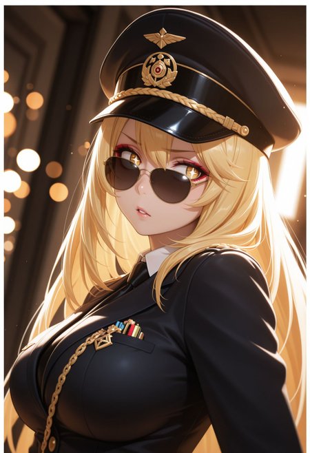 masterpiece,best quality,absurdres,highres,very aesthetic,high quality,detailed,insanely detailed,beautiful,perfect lighting, ,depth of field,blurry background,bokeh
  <lora:Shokuhou Misaki illu:1> 1girl, blonde hair, long hair, yellow eyes, symbol-shaped pupils, +_+, large breasts,  highs, sunglasses,peaked hat,necktie, close-up, rolling_eyes, looking_back, dutch_angle,border,makeup,dynamic angle