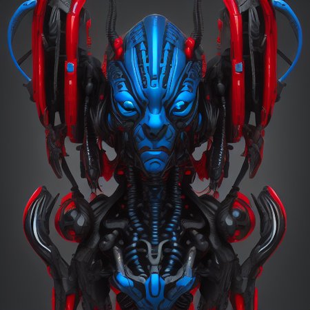 blue skin, cowboy shot, solo, red eyes, tube, lipstick, looking at viewer, mechanical parts, shoulder armor