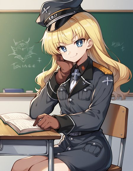 score_9, score_8_up, score_7_up, source_anime, <lora:retia-adolf-ponyxl-lora-nochekaiser:1>, retia adolf, blue eyes, blonde hair, wavy hair, bangs,, gloves, hat, military uniform, peaked cap, zettai ryouiki,, classroom, chalkboard, day time, studying, sitting, chair, desk,, smile, , smug, solo,, cowboy shot, dutch angle