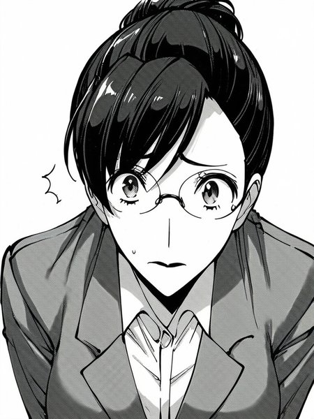 score_9, score_8_up, score_7_up, 
1girl, monochrome, ino ayako, hair bun, black hair, asymmetrical bangs, glasses, large breasts, lipstick,

face, white background, formale, grey jacket, white shirt, collared shirt, closed mouth, nervous, wide-eyed, looking at viewer,