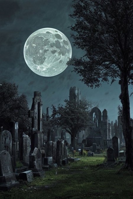 1bird+++, black raven+++, bright glowing yellow eyes, sitting on tombstone, irish graveyard, irish church ruins in background, full moon, clouds, trees, mist, fog, backlight, gloomy
