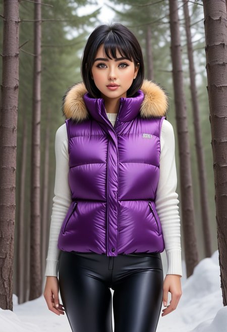 ((((puffer padded vest)))), ((((puffer padded vest)))), ((((full body)))), ((((fur boots)))), ((((puffer pants)))), winter, snow, forest, 1girl, solo, (masterpiece), detailed face, detailed eyes, (beautiful detailed eyes:1.5), sidelighting, (super detail, hyper detail, intricate_details, detailed), (semi realistic:1.6), (Bob cut), blunt bangs,(black hair), (purple eyes, eyelashs), smug smile, angry face, golden armlets, padded collar, Thick padded collar, <lora:Collar-SDXL:0.6>, <lora:cropped_puffer_vest_v2:0.4>, <lora:snowpants_v1:0.4>