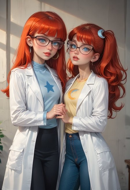 score_9, score_8_up, score_7_up, score_6_up,,, red hair, long hair, susan test, 2girls, blue eyes, mary test, jt, labcoat, glasses, erotic ligerie