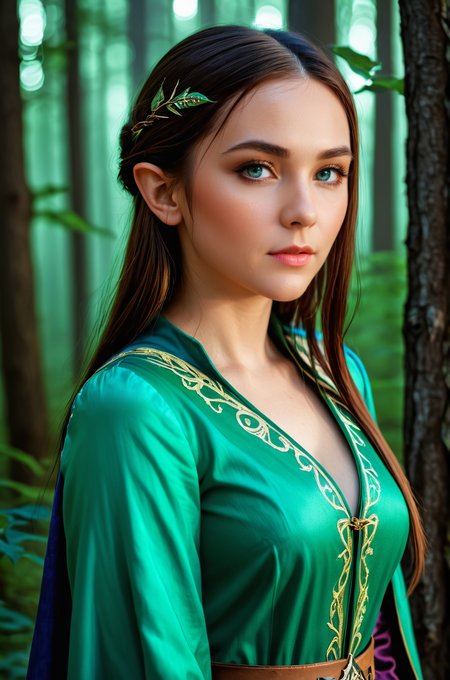 breathtaking female elf mage at night in the forest, atmospheric, cinematic, high detail, masterpiece   <lora:S4ndr4_nm_4:0.75> S4ndr4 . award-winning, professional, highly detailed