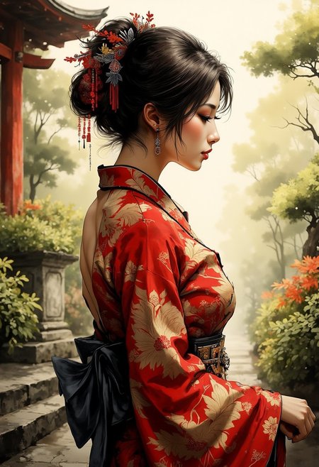A dinkfsn style ink wash painting, Silhouette Art, magnificent, closeup portrait of stunning japanese woman, gold and red cheongsam,  standing in formal Japanese garden, dappled sunlight