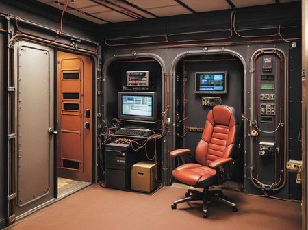 masterpiece, best quality,
 <lora:gits_style:0.6>,
gits95,
, no humans, scenery, cable, computer, indoors, chair, monitor, television, door,wire,cable,