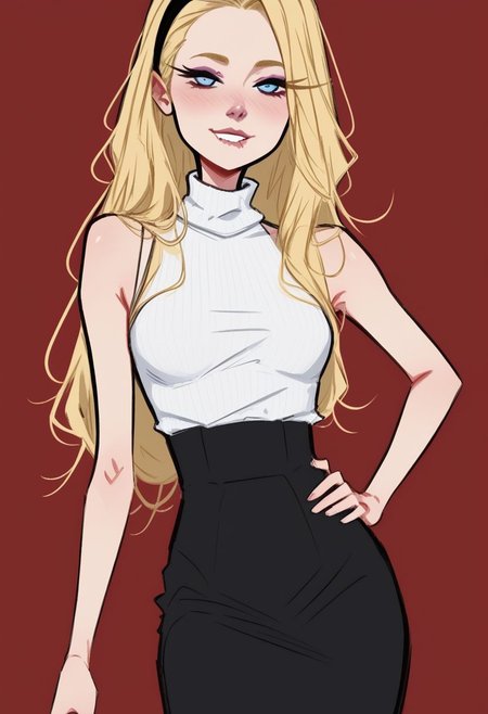 <lora:dijor-v2:1> dijor, sketched, score_9, score_8_up, score_7_up, source_photo, realistic, body shot,
1girl, solo, 21yo, Australian beauty, very sexy, very cute, very delicate,
expresiveh, flirtatious look, perfect face, smile,
light blue eyes, very tan skin, purple nose, a blush of shame on his cheeks, goth make up, lip biting, she is looking in the upper left, 
high forehead, blonde, gold eyebrows, long hair, straight hair, middle parting haircut, headband,
slender figure, long neck, long legs, small breast,
white turtleneck sleeveless shirt, black skirt, black pantyhose,
threads his hair on his finger, left hand on hip,
cinematic lighting, 
mountain hut, red walls