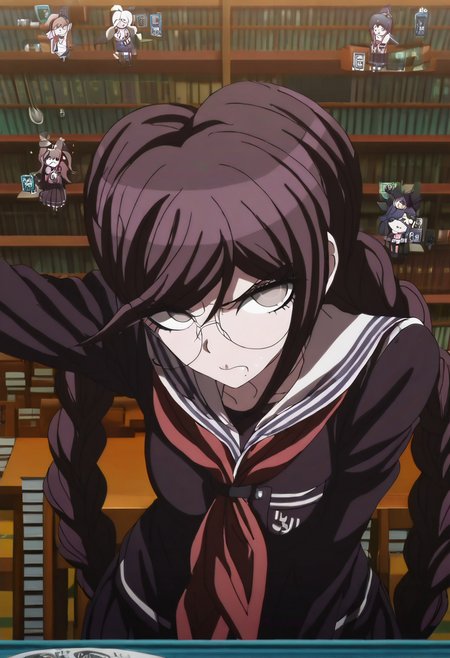 (((solo))), masterpiece, best quality, very aesthetic,  modern, modern anime,  newest, absurdres, highres, isometric view , optamistic expression  , (((solo))),danganronpa_(series),<lora:Toko_Fukawa_Illustrious:1>,  This is an anime screencap from Danganronpa 3. Toko Fukawa sits at a fancy writing desk in the school library, surrounded by stacks of classic literature. She's furiously crossing out lines in her manuscript while literary quotes float around her head like thought bubbles, each one marked with aggressive red editorial notes.  Toko Fukawa wearing her uniform from Danganronpa 1. She has long dark purple hair in two braids, gray eyes and large round glasses. Her large, dark grey glasses are slightly crooked at an angle. Her uniform is a dark purple Japanese school uniform. The uniform has long sleeves, a collared shirt with a red ribbon and a long skirt with the school crest on the upper left sleeve.  A red ribbon is tied around the collar of her shirt.