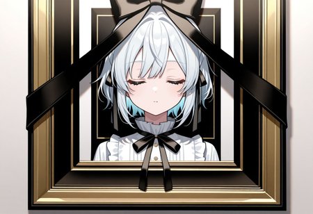 masterpiece, best quality, 32k, high resolution, absurdres, iei, black ribbon, portrait (object), sleeping