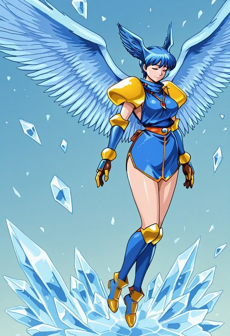 anime screencap, denjin makai, guardians, zeldia, 1girl, solo, blue hair, short hair, closed eyes, peaceful expression, angel, large wings, feathered wings, fantasy armor, blue outfit, golden pauldrons, armored gloves, thigh-high boots, floating, ice shards, ice magic, shattered crystals, detailed shading, blue and gold armor