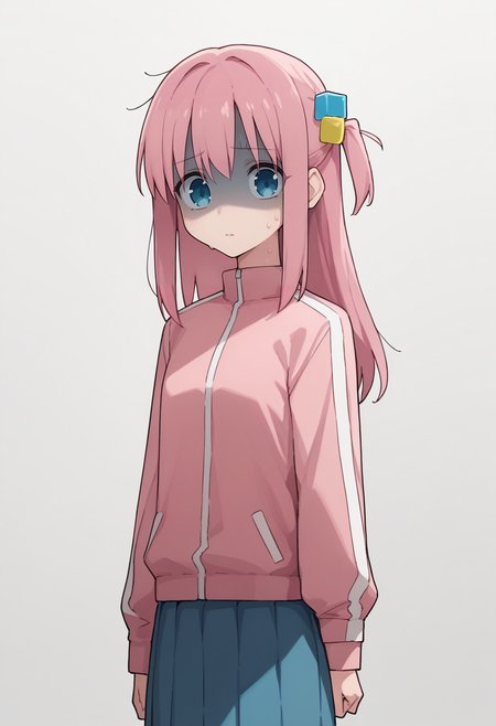 score_9, score_7_up, source_anime, simple background, white background, solo, 1girl, gotoh hitori, shaded face, sweat, looking at viewer, standing, long hair, pink hair, one side up, cube hair ornament, blue eyes, pink jacket, track jacket, blue skirt, pleated skirt <lora:style_caststation_ponyXL-000030:1>