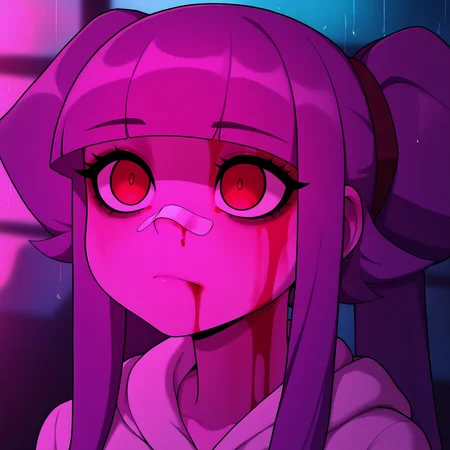 best quality, amazing quality, very aesthetic, absurdres,
1girl, althea, purple hair, blunt bangs, twintails, long hair, red eyes,
white hoodie,
portrait, blood on face, bandaid on nose,blurry background, pink lighting, night, dark, pink theme, rain,     <lora:YouLookLonelyIllustriousXL_byKonan:1> <lora:AltheaNoobXL_byKonan:1>