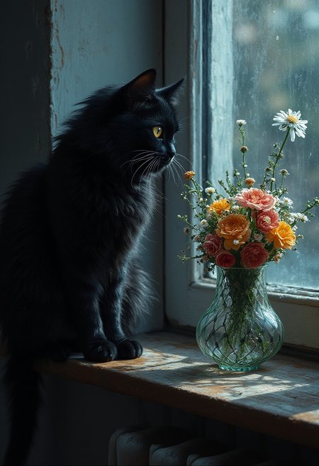 Beauty, realism, cinematic quality, chiaroscuro, rays of light, play of shadow and light, cinematic style, A conceptual oil and pen painting that captures a captivating scene of a long-haired black cat perched on a windowsill. The cat, with expressive, large eyes, is thoughtfully examining a unique, grid-shaped glass vase filled with a vibrant bouquet. The dimmed lighting casts a soft glow on the cat and the arrangement, while the background features a blurred wall and window, adding depth and focus to the feline subject. The overall atmosphere of the artwork is moody and enchanting., conceptual art