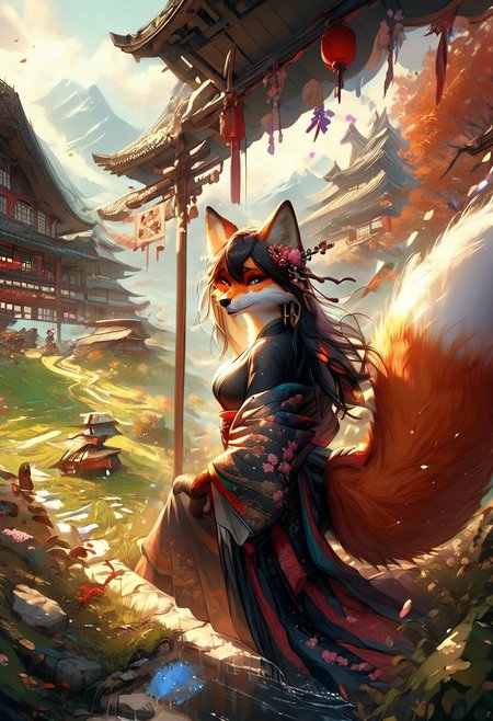 score_9_up,score_8_up,score_7_up,(masterpiece),(best quality),hyper detailed,perfect anatomy,anthro fox girl,foxfolk,dazzling,perfect face,
sexy,seductive,long hair,cleavage,black hair,print_kimono,furisode,orange furr,
wind_lift,dusk,outdoor,in spring,falling petals,cherry blossoms,looking_back,looking_at_viewer,dynamic_angle,