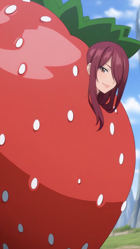 masterpiece, best quality, very aesthetic, absurdres, BREAK, 1girl, looking at viewer, cowboy shot, 
<lora:Strawberry_Erza_Illu_Dwnsty:1>, erz_strawberry, brown eyes, red hair, long hair, hair over one eye, alternate costume, mascot costume, strawberry, oversized fruit,
 lips, light smile, 
outdoors, blue sky, grass, landscape, sunlight, cloud,
