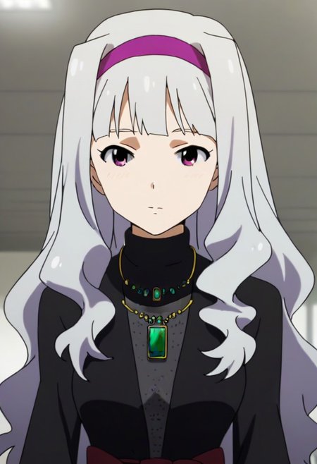 source_anime, uncensored, nsfw, <lora:Takane_Shijou_The_iDOLMSTER_2011_anime_art_style:.8>1girl, solo, grey hair, long hair, purple eyes, breasts, Takane black dress with green brooch outfit , purple hairband, jewelry, necklace, pendant, dress,