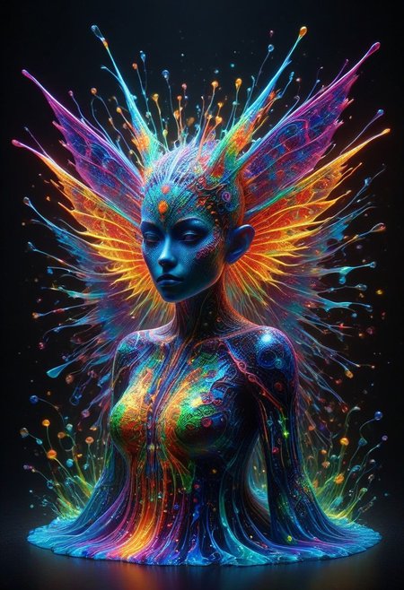 Colorful Chaos Cracks and Drops, professional photography of an fantastical elf demon princess entirely made of cyberflies with whimsical elements, swirling magic, eerie fairytale landscape, elaborate fantasy style art, very colorful, intricate details, ultra sharp, exquisite detail, flawless composition, vivid colors, masterpiece, exciting background, TAS, TASvisuals, Psychedelic , Rave, Elaborate , Blacklight , Vibrant , cyberflies, black light paint, blp, Colorful Chaos Cracks and Drops, mad-glowtiedye, made out of,colorful,liquid,Murano Art Glass