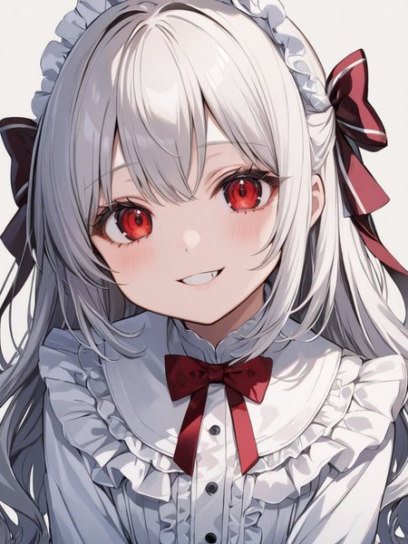masterpiece,ultra-detailed,best quality,8K,illustration,cute face,clean skin ,shiny hair,girl,ultra-detailed-eyes,simple background, <lora:add-detail-xl:1>   <lora:yaeba_XL_V1.0:0.8> yaeba, fang,smile,red eyes,sliver hair <lora:gothic dress_XL_V1.0:1> jyojifuku, dress, frills, hair bow, ribbon