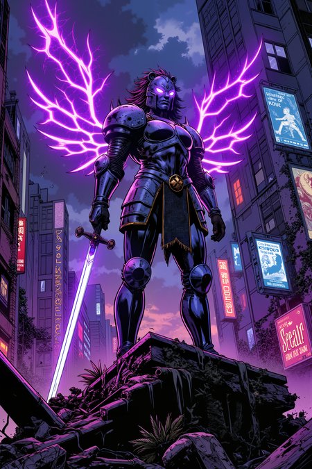 A lone knight stands atop a ruined cyberpunk skyscraper, her armor a mix of ancient plate mail and glowing tech augments. Purple holographic wings extend from her back while her sword crackles with electrical energy. The cityscape around her is half-destroyed, with fallen buildings and overgrown vegetation covering neon signs. Her helmet is shaped like a lion's head with glowing crystal eyes, while broken holograms flicker in the background showing advertisements from the old world. Fantastic lighting. Detailed shadows.intricate details, vivid colors, hyper-detailed, ultra-sharp,, ,meiman_style,This is a retro comic book style digital illustration,  <lora:meimanstylev2:0.4><lora:Vintage comic book:0.4><lora:RetroAnimeFluxV1:0.15><lora:Greg_Capullo_style:0.4><lora:jeanClaude_Mzires_Style_FLUX-000001:0.4><lora:Flux_Ink_Anime:0.4>