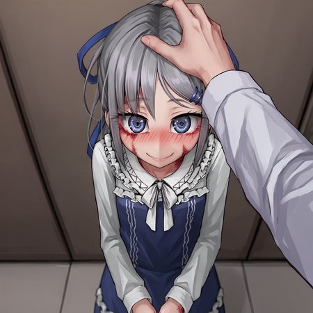 score_7_up, score_6_up, score_5_up, source_anime,
<lora:sylvie.pony:1>, sylvie, white shirt, happy, smile, looking at viewer, blue dress,
<lora:Headpat_XLPonyD:0.8>, headpat, pov hands, from above,