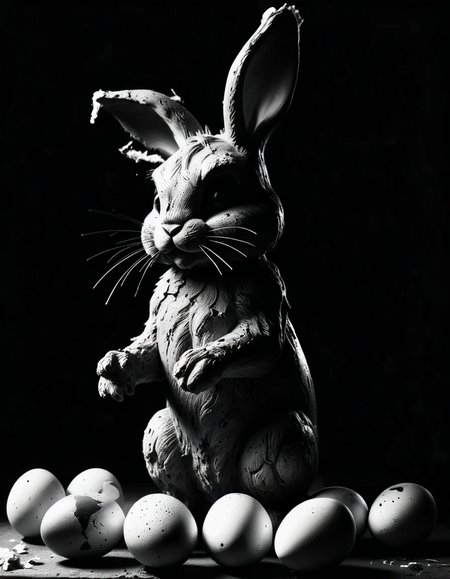 a easterbunny with trashed eggs, spooky <lora:ral-chrosc-bw:1> ral-chrosc-bw