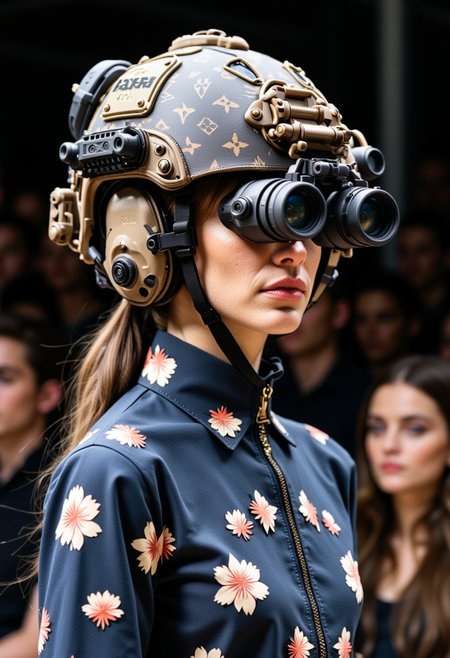 fashion photograph haute couture model wearing a designer military helmet equipped with night vision goggles. The helmet appears have extensive louis Vuitton iconography on the surface as if it were a luxury purse with various attachments and devices, including what seems to be communication equipment. the helmet and night vision goggles have been reimagined as a luxury high fashion item, worn by a female runway model in front of a crowd