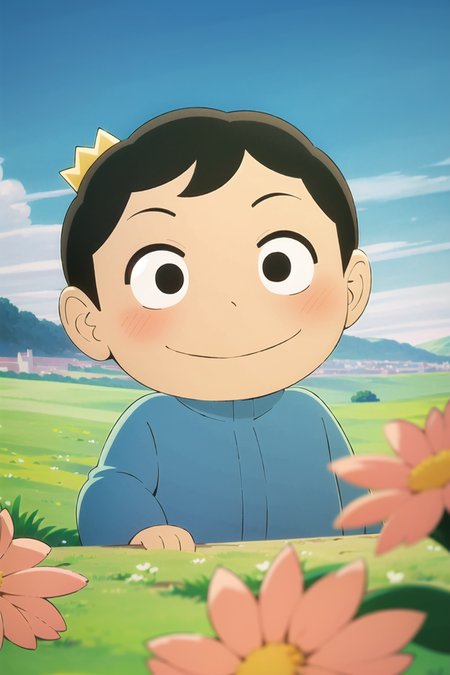 ousamaranking style,
bojji, 1boy, 1other, black eyes, black hair, cloud, cloudy sky, crown, field, flower, grass, holding, long sleeves, male focus, mini crown, outdoors, scenery, short hair, sky, smile

, ((masterpiece))
<lora:ousama-000035:0.6>