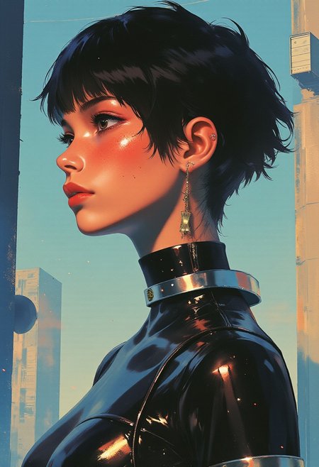 (Highly detailed, digital illustration, hyper realistic, anime-inspired, 8K, cinematic lighting, ultra polished rendering) A highly detailed digital illustration of a young woman with an anime-inspired aesthetic, featuring a fair, porcelain skin tone and a sleek black pixie cut that sharpens her profile. Her hair is styled with precise edges and soft texture, allowing her large, almond-shaped eyes—highlighted by thick, dark eyeliner—to dominate her calm, contemplative expression. She wears a form-fitting, high-necked black bodysuit made of a glossy, reflective material resembling latex or polished metal, delivering a futuristic, high-tech aesthetic. The smooth, mirrored surface of the suit captures surrounding light, producing radiant highlights and subtle distortions. Around her neck, she wears a metallic collar adorned with a small emblem, enhancing the sci-fi tone. The background features a high-contrast blend of smoky bronze and deep charcoal gradients, replacing the original blue with a dramatic, industrial ambiance. Hints of geometric, translucent structures fade into the backdrop, giving the scene layered depth and subtle visual intrigue. The composition emphasizes precise lighting and surface detail, merging realism with anime styling for a striking futuristic portrait.