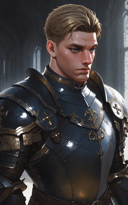very awa, masterpiece, best quality, absurdres, newest, perfect quality, detailed background, intricate details, male focus, 1boy, mature male, blue eyes, dark blonde hair, sexyskimpyarmor, ssarmor, <lora:Kingdom_Come_Deliverance_II__Hans_Capon:1>, <lora:Sexy_Male_Armor_V2:0.75>