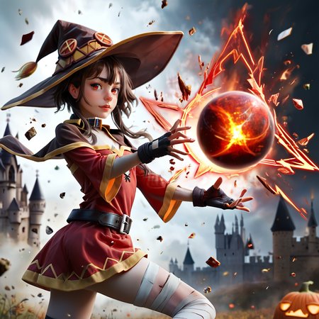 score_9. score_8_up, score_7_up, score_6_up, score_5_up, score_4_up, 
 <lora:Megumin_Pony:1> , Megumin, short_hair, sidelocks, brown_hair, red_eyes,