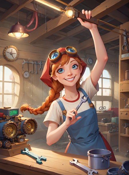 1girl, solo, lubava, braids, red t-shirt, in a workshop, technician, crafting, steampunk, goggles, wrench, welding sparks, smile,reflection in goggles, dust in air, <lora:melnica_girls_pxl_v1:0.75>
