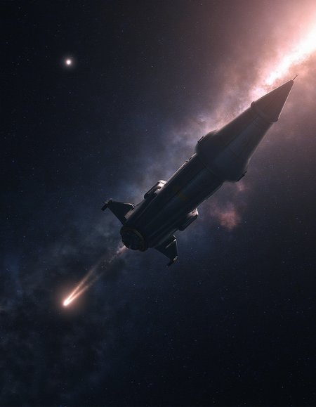 Cinematic sci-fi SFX photo of a rocket ship passing a comet among the multitudes of stars in deep space. The glow of a distant nebula is faintly seen in the far distance.