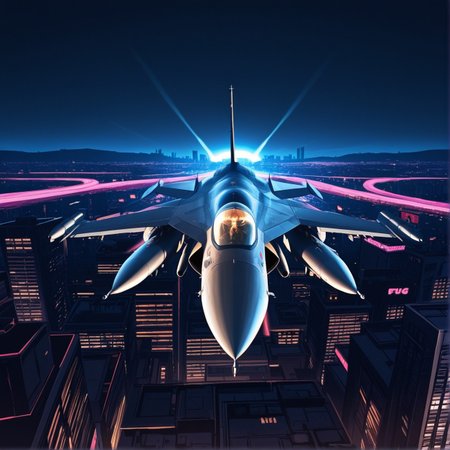 <lora:F-16_Illustrious:1>,f-16, flying over city at night, neon lights below, cyberpunk skyline, dark sky, glowing cockpit, jet engine flare, urban environment, cinematic perspective, anime cityscape, masterpiece, best quality, amazing quality