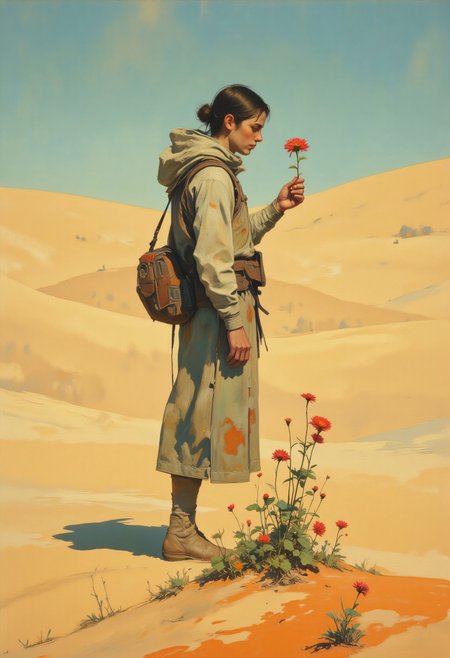 drkfnts style, DB4RZ, DB4RZ style painting, ck-70scf, OBxiaoxiang, R3alisticF, Steve McDonald Art, a highly detailed digital painting of a lone figure in a desolate expansive desert landscape stands in a quiet, sunlit clearing, holding a single flower in their hand. The bloom is delicate, its vibrant petals trembling in the soft breeze. there is nothing to be seen for miles except dunes of sand. The figure’s face is soft in expression, caught in a moment of stillness, as if they are watching something fragile grow in the silence of the world around them.

The composition is dominated by gold, navy blue, orange, and red tones.