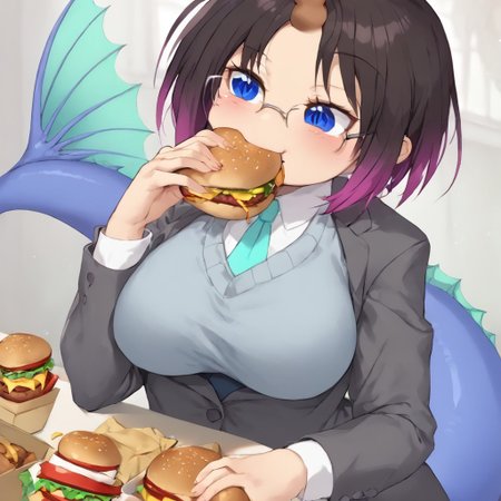 score_9,score_8_up,score_7_up,<lora:elma_(maidragon)_pony:1>, elma_\(maidragon\), masterpiece, highest level of quality, solo, solo focus, 1girl, dragon girl, Elma, office suit, formal, suit, glasses, tail, single horn, shiny skin, sitting at table, big breasts, happy, exited, foodporn, eating hamburger, <lora:_sdxl-dokaguiburger-pony.safetensors:0.6>, windows, detailed food, office breakroom, dutch angle, looking away from viewer, sauce spilling on shirt