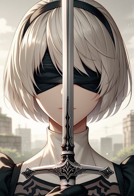 score_9, score_8_up, score_7_up, source_anime, BREAK 1girl, solo, <lora:swordup-pose-richy-v1_pdxl:1> swordup, looking at viewer, close-up, 2b \(nier:automata\), blindfold,