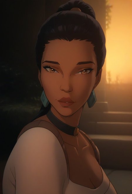 (score_9, score_8_up, score_7_up), score_6_up, best quality, masterpiece, extreme detail, perfect lighting, 4k, 2d, rating_explicit, nsfw, very detailed, best quality, highly detailed texture, depth of field, masterpiece, BREAK, 1girl, ChelXLP, chel, majestic,beautiful bright pupils, black hair, ((ponytail)),green earrings, cute face, (gorgeous face:1.3), (skin detail:1.3), (shadows:1.3), large breasts,
(((
white dress, corset, choker, long sleeves, detached sleeves, 
))),
 fantasy, solo focus,epic, concept art, realistic, highly detailed, looking at viewer, dark skin, looking at the viewer, detailed, intricate details, realistic,((( zoomed out shot))), tan skin,csr style,g4n1m3,Sculpted grace
