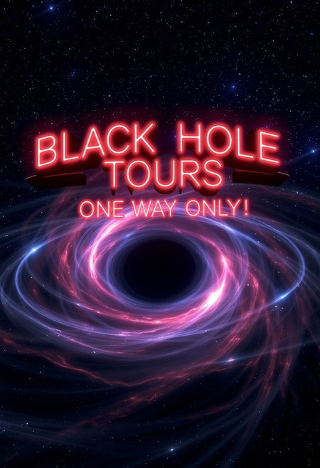 A vast, starry space scene with distant galaxies and nebulae. In the center of the image, a massive neon sign floats in the void, glowing brightly with the words: 'Black Hole Tours: One Way Only!'