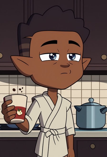score_9, score_8_up, score_7_up, high quality,perfect anatomy, show accurate, solo,1boy, kitchen,
brown skin and dark brown hair with lighter shades, pointy ears, dark blue eyes, kitchen background, wear only bathrobe, loose clothes, one hand holding cup of coffee, one hand on hip, perfect hands, sleepy eyes, messy hair, loose clothes, eyes half close, show accurate, perfect hands, perfect anatomy,perfect hands,